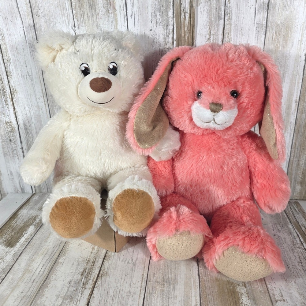 Build-A-Bear Workshop Plush Set White Teddy Bear and Pink Glitter Bunny 16-17in
